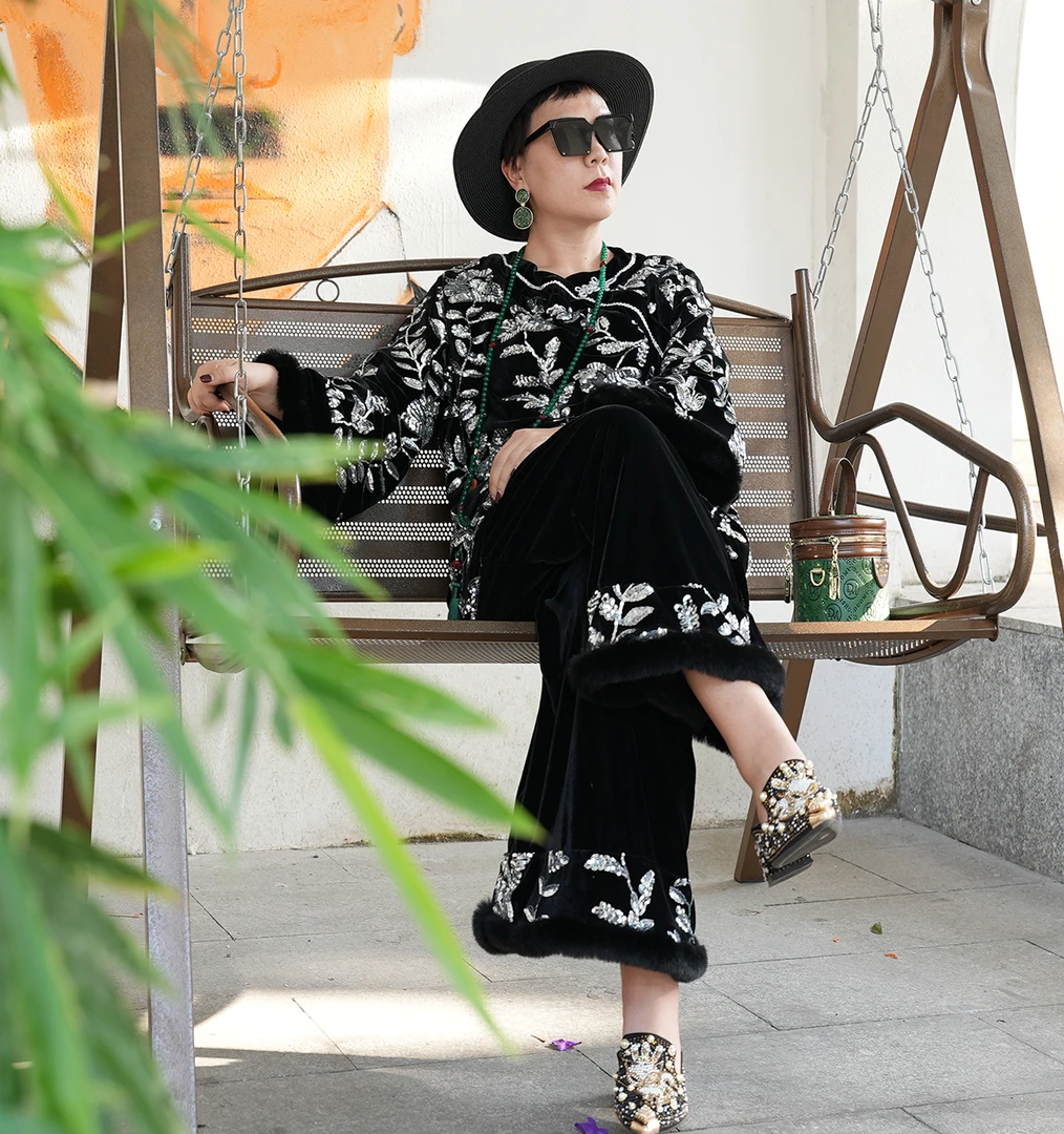 2306新中式丝绒唐装大码时尚中国风二件套女盘扣国潮气质套装