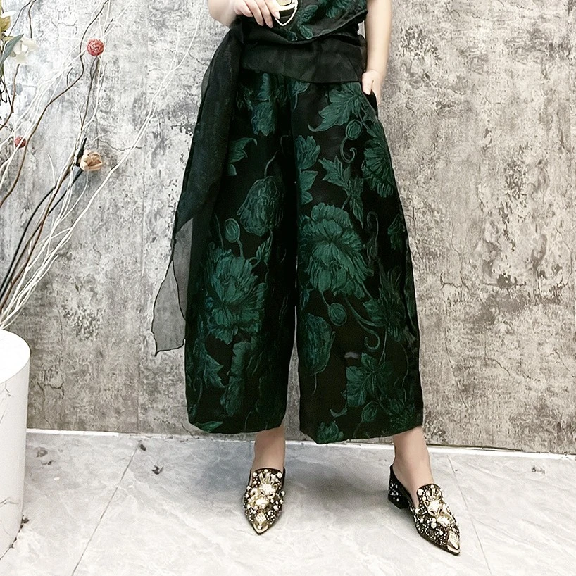 922宫廷风复古大码九分裤优雅文艺松紧腰提花阔腿显瘦灯笼裤春夏