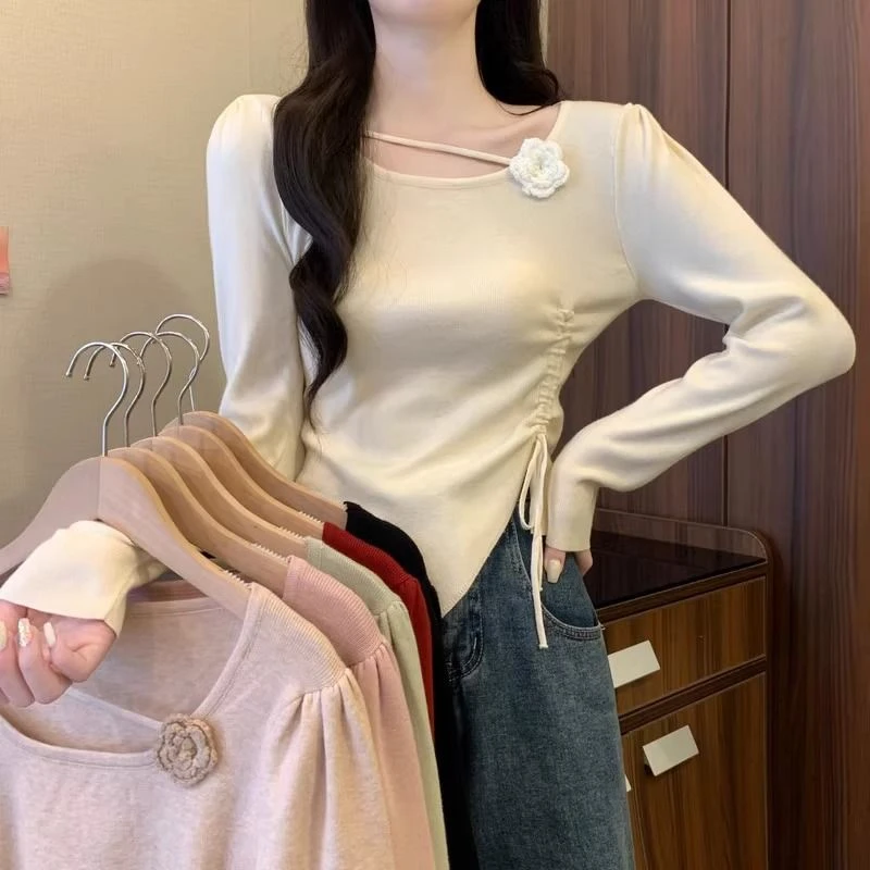 立体花朵长袖毛针织衫女春秋冬新款抽绳收腰显瘦不规则短款小上衣