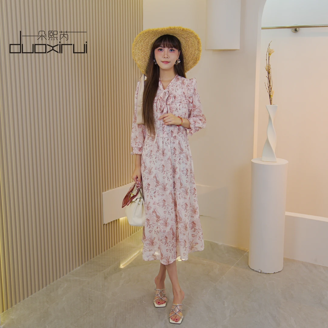 朵熙芮春秋新款中长裙松紧雪纺连衣裙碎花显瘦法式收腰A24XL3701
