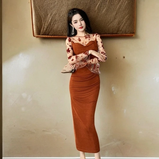 2025/秋季新款女装气质复古性感拼接长袖修身收腰包臀连衣裙20746