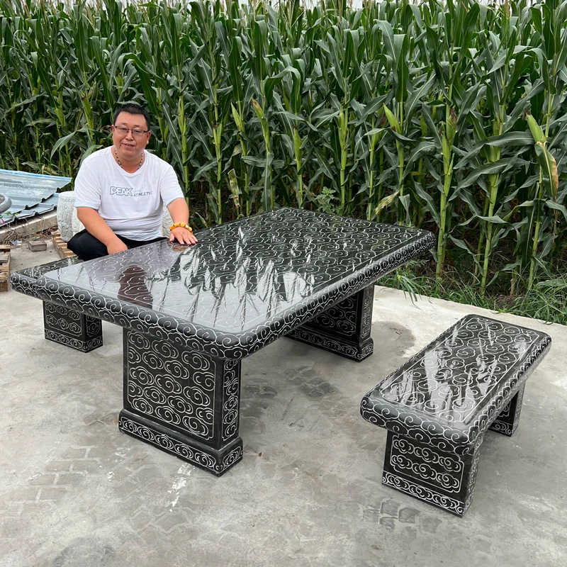 石雕祥云纹方桌石椅家居庭院青石长桌凳子休闲摆件户外公园茶台