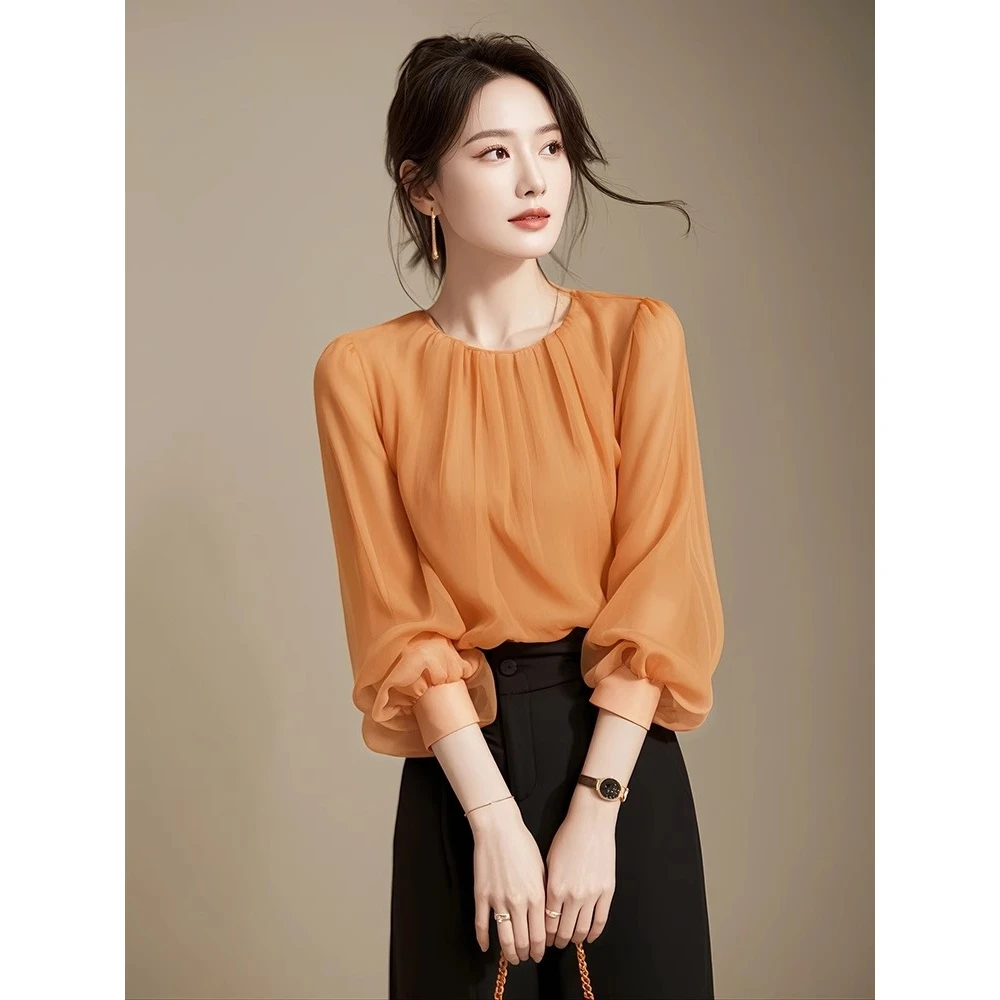 早秋2024新款今年流行雪纺法式绝美七分袖橘色小上衣女夏气质小衫