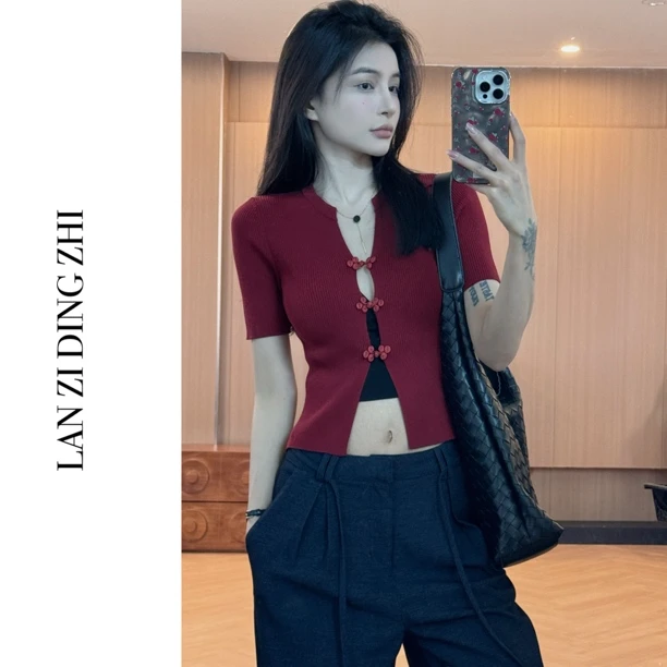 「柳暗花明」盘口修身显瘦镂空设计慵懒休闲风两穿针织衫辣妹上衣