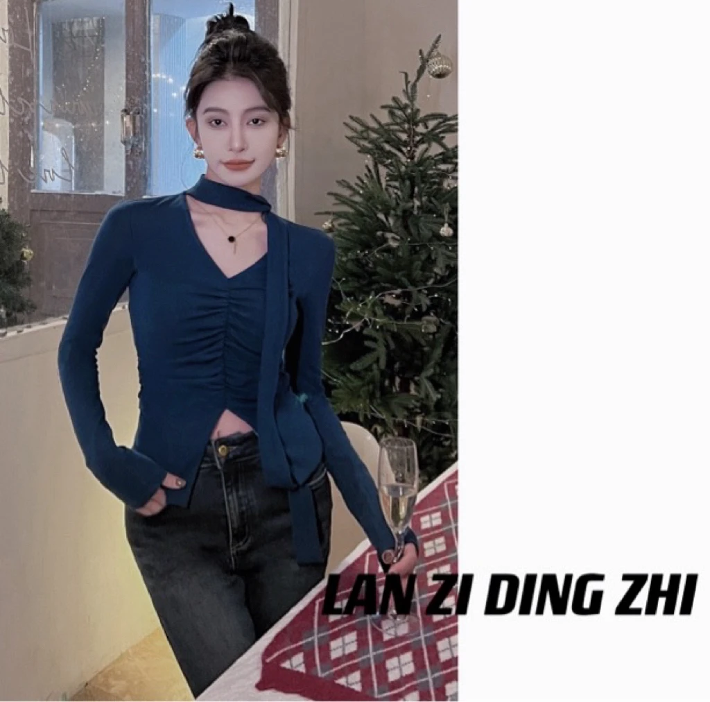 「詹大强」纯欲风挂脖褶皱设计感修身显瘦高级感V领上衣