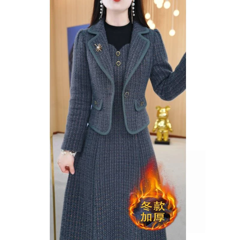 【两件套】秋冬西装领冬季保暖收腰气质两件套套装裙M-4XL