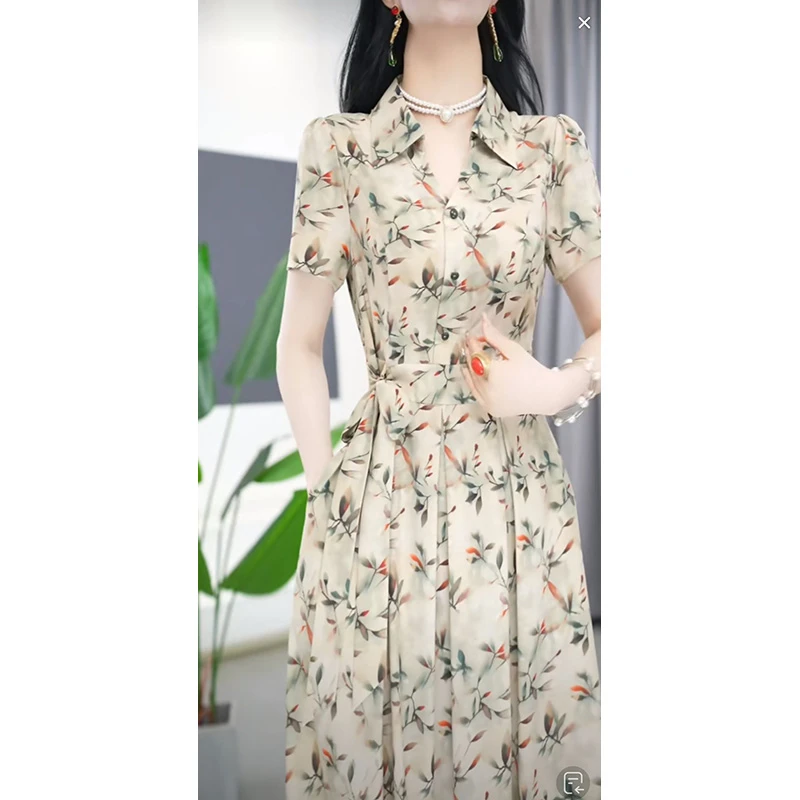 YS-24A27-52 复古V领花色显瘦收腰中长款连衣裙M-5XL