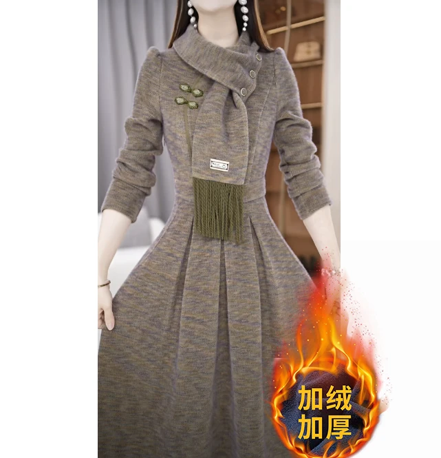 LSY【连衣裙】冬季围巾领设计感气质通勤收腰中长款连衣裙M-4XL