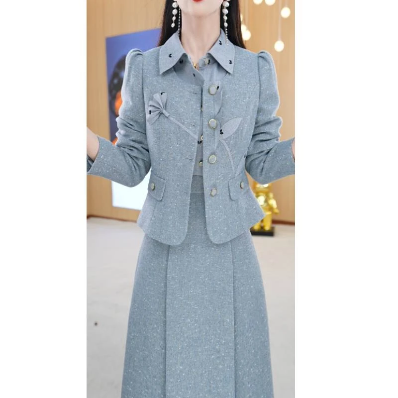 【两件套 】秋季翻领优雅气质通勤显瘦修身套装裙子M-4XL