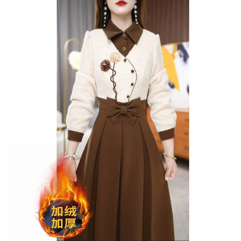 【连衣裙】冬季小翻领显瘦收腰时尚拼接连衣裙M-4XL