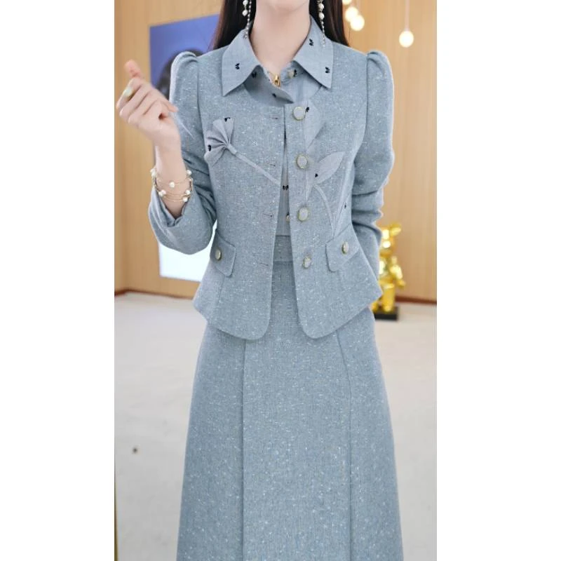 【两件套 】春秋双层翻领优雅气质通勤显瘦修身套装裙子M-4XL