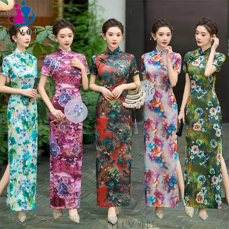 YILV/亦侣2024新款中国风旗袍大码气质走秀优雅短袖表演复古高弹