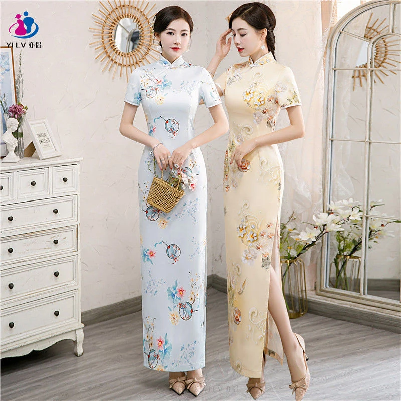 高端气质改良少女2022年新款花色短袖演出长款旗袍复古改良版两层