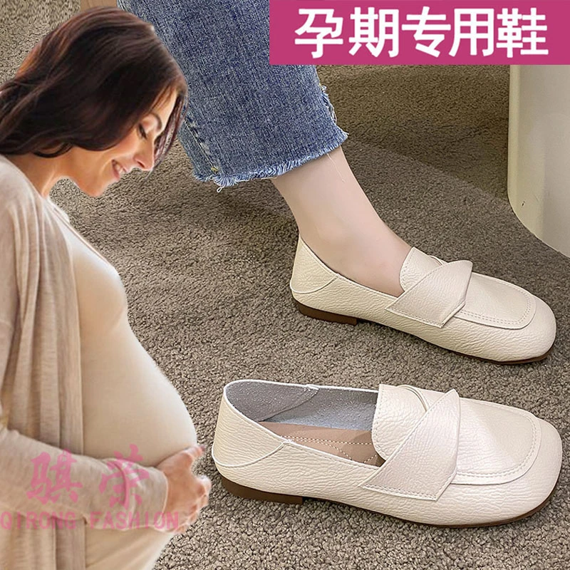 孕妇专用单鞋女冬季一脚蹬真皮脚浮肿宽松不累脚豆豆鞋超软乐福鞋