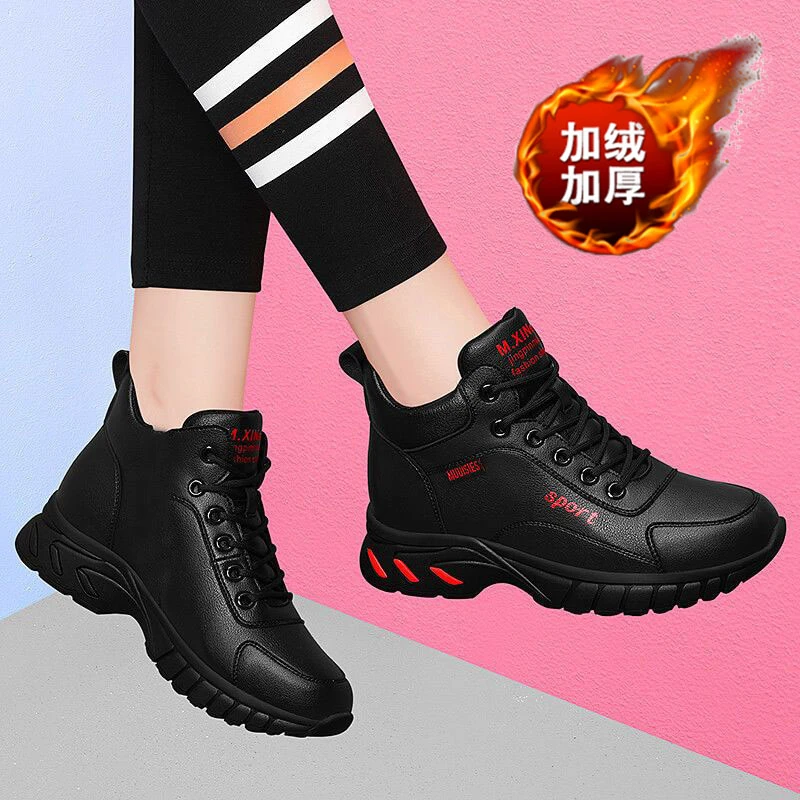 运动鞋女冬加绒保暖妈妈老北京休闲鞋皮面防水34小码内增高棉鞋女