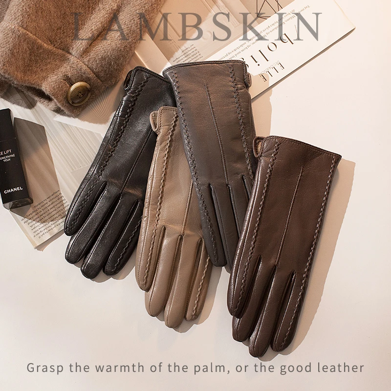 小山羊皮手套女士触屏秋冬季加厚保暖冬天羊毛里骑行驾驶开车薄里