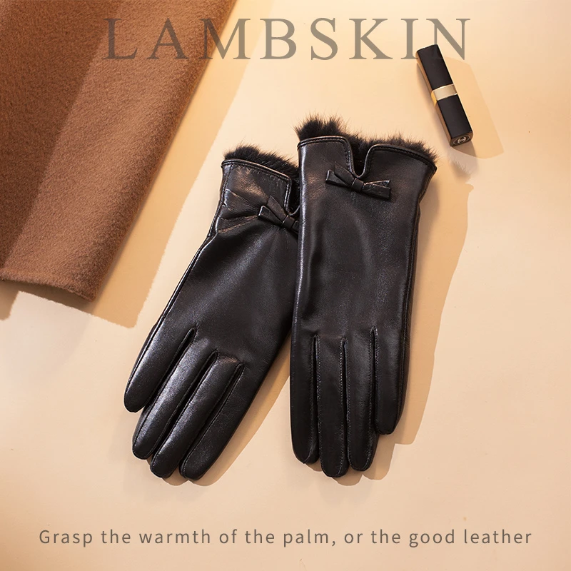 小山羊皮手套女士冬天保暖加绒加厚冬季骑行开车触屏真皮手套兔毛