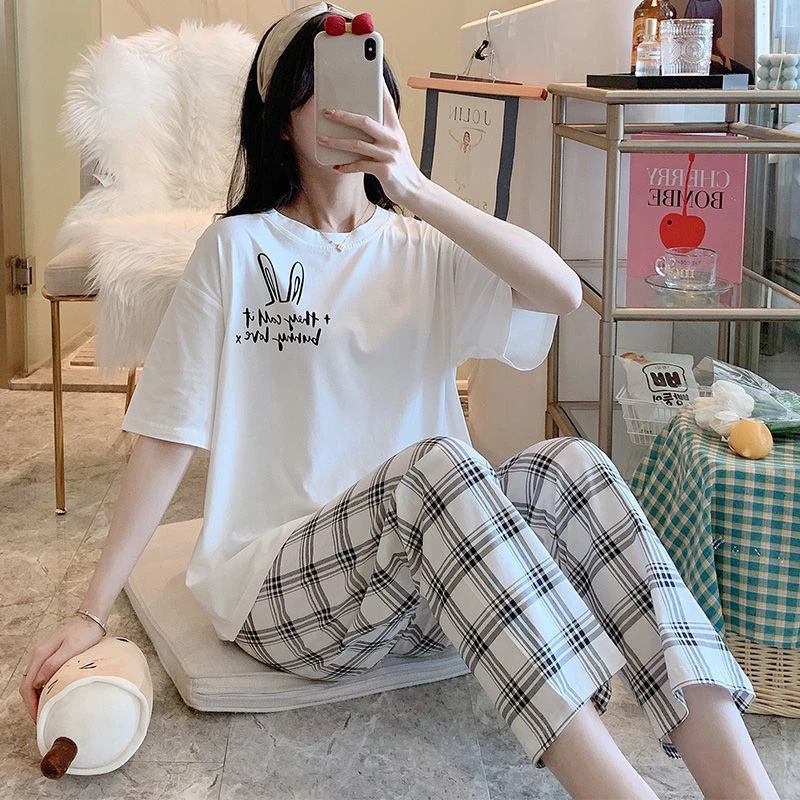 100%全棉家居服女全棉睡衣夏季纯棉短袖长裤可外穿公主风学生韩版