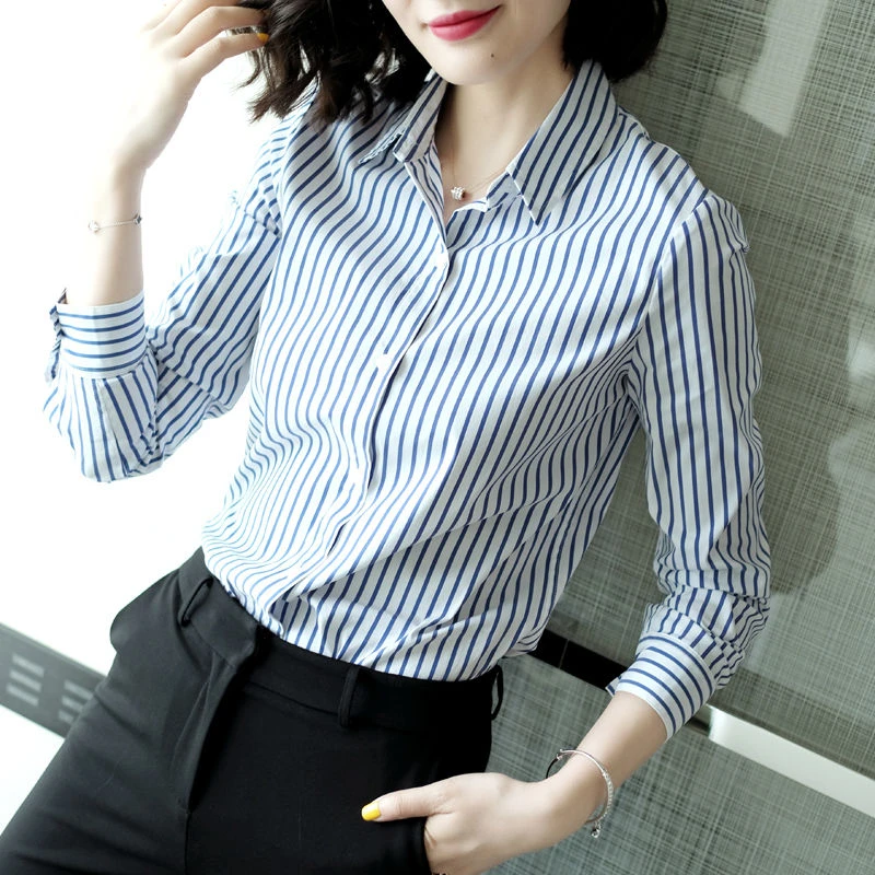 蓝白条纹雪纺衬衫女长袖春秋季新款百搭职业宽松时尚衬衣上衣潮