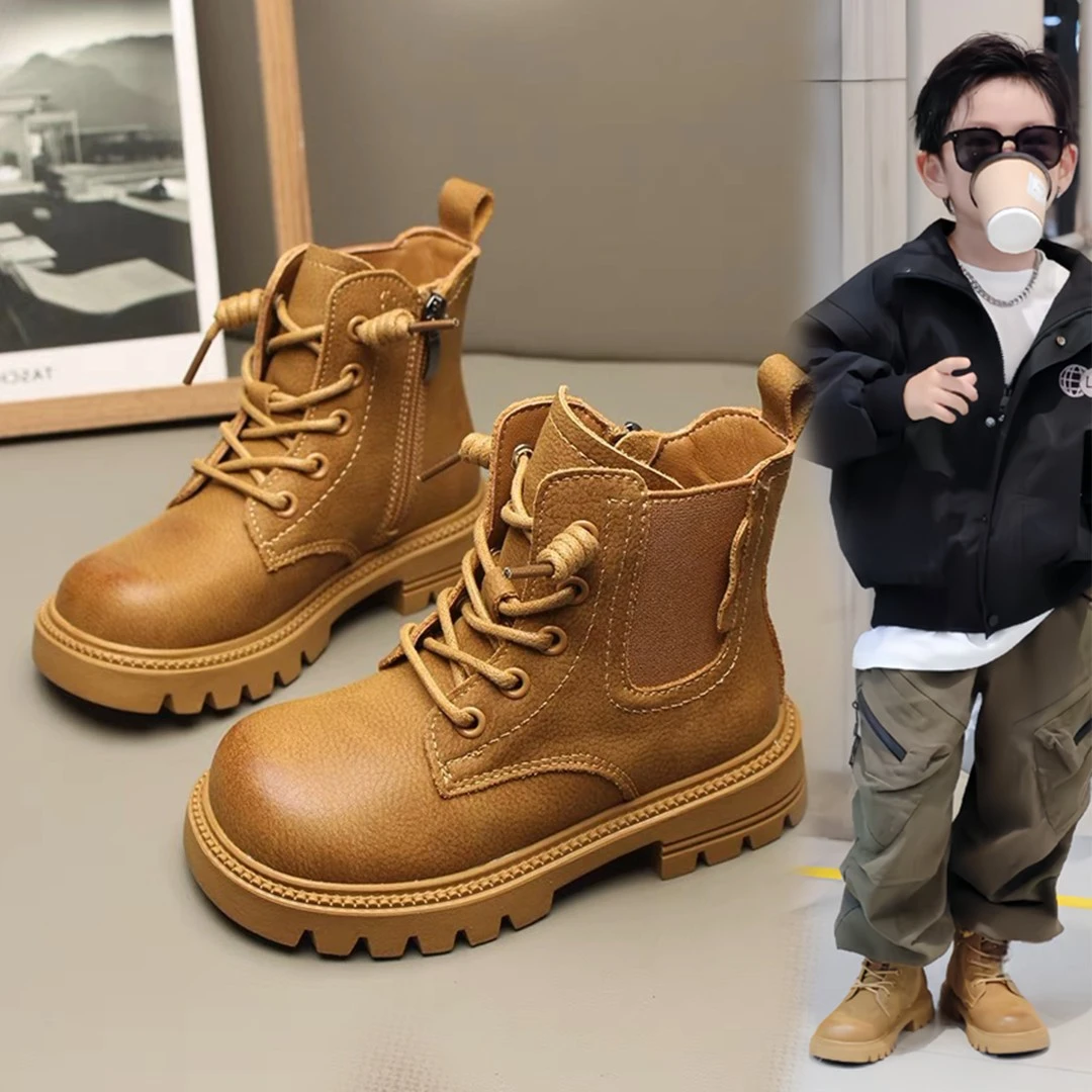 女童鞋儿童马丁短靴子2023秋冬新款秋季宝宝男童真软皮加绒大黄靴