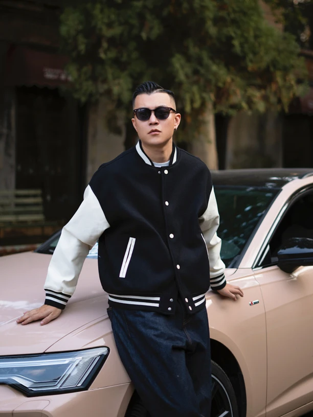 美式复古撞色棒球服夹克重磅pu皮外套