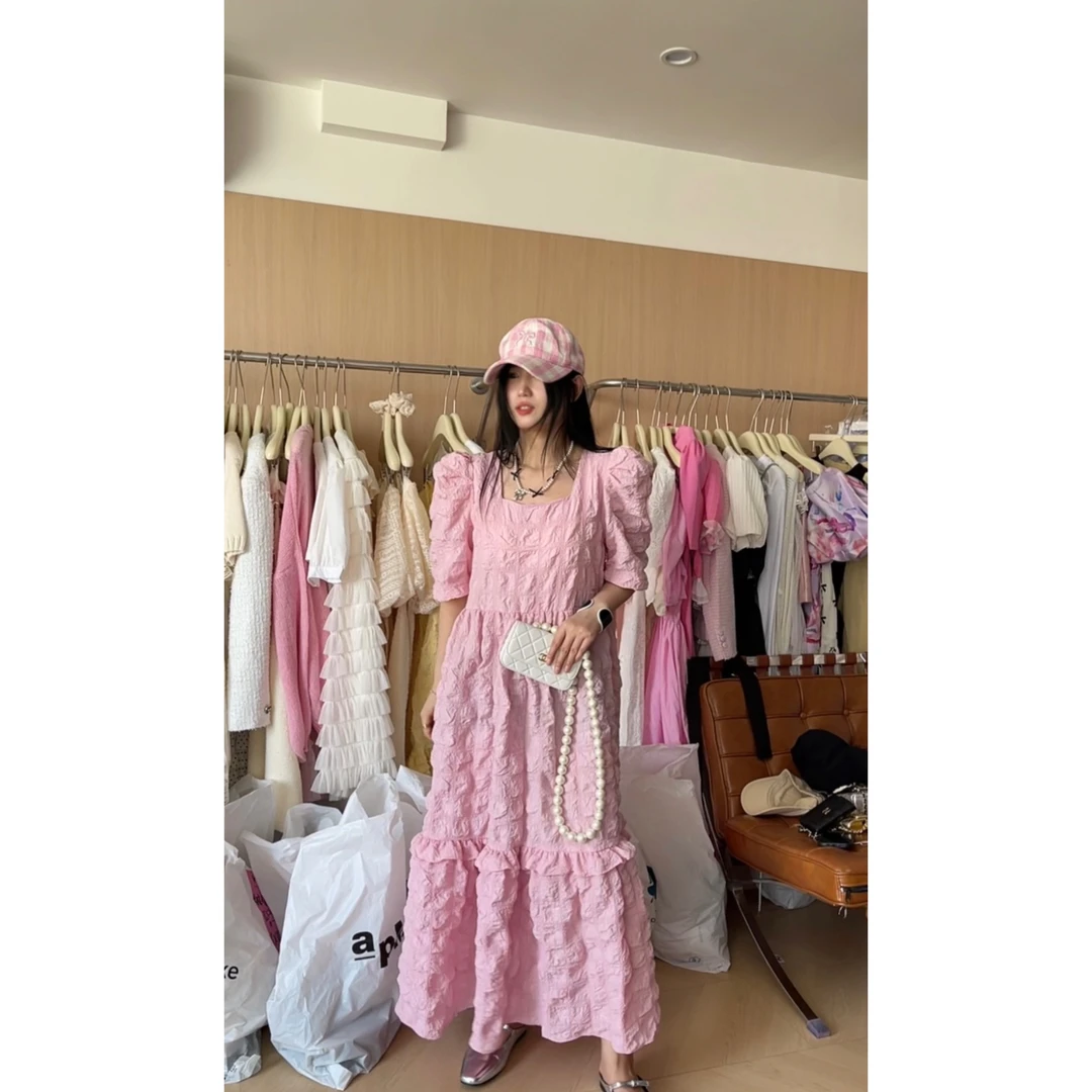 XXMADE 2025韩代款 粉色泡泡少女连衣裙