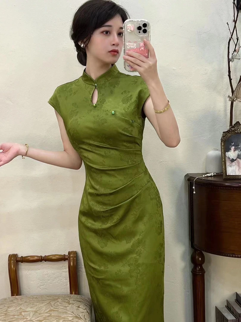 予溪自制【盛夏】复古新中式国风两色提花收腰显瘦旗袍连衣裙女夏季