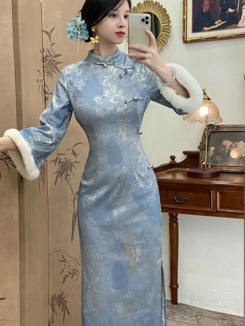 予溪【蓝黛加绒】冬季加绒日常国风新中式修身倒大袖改良旗袍裙