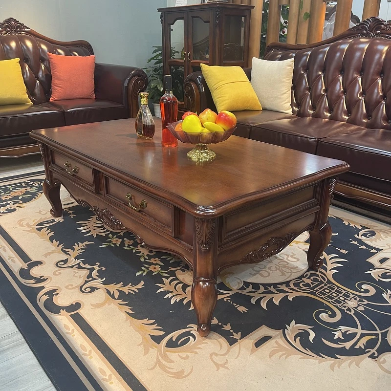 经典美式雕花实木复古茶几客厅长方形家用欧式乡村成套落地大茶几