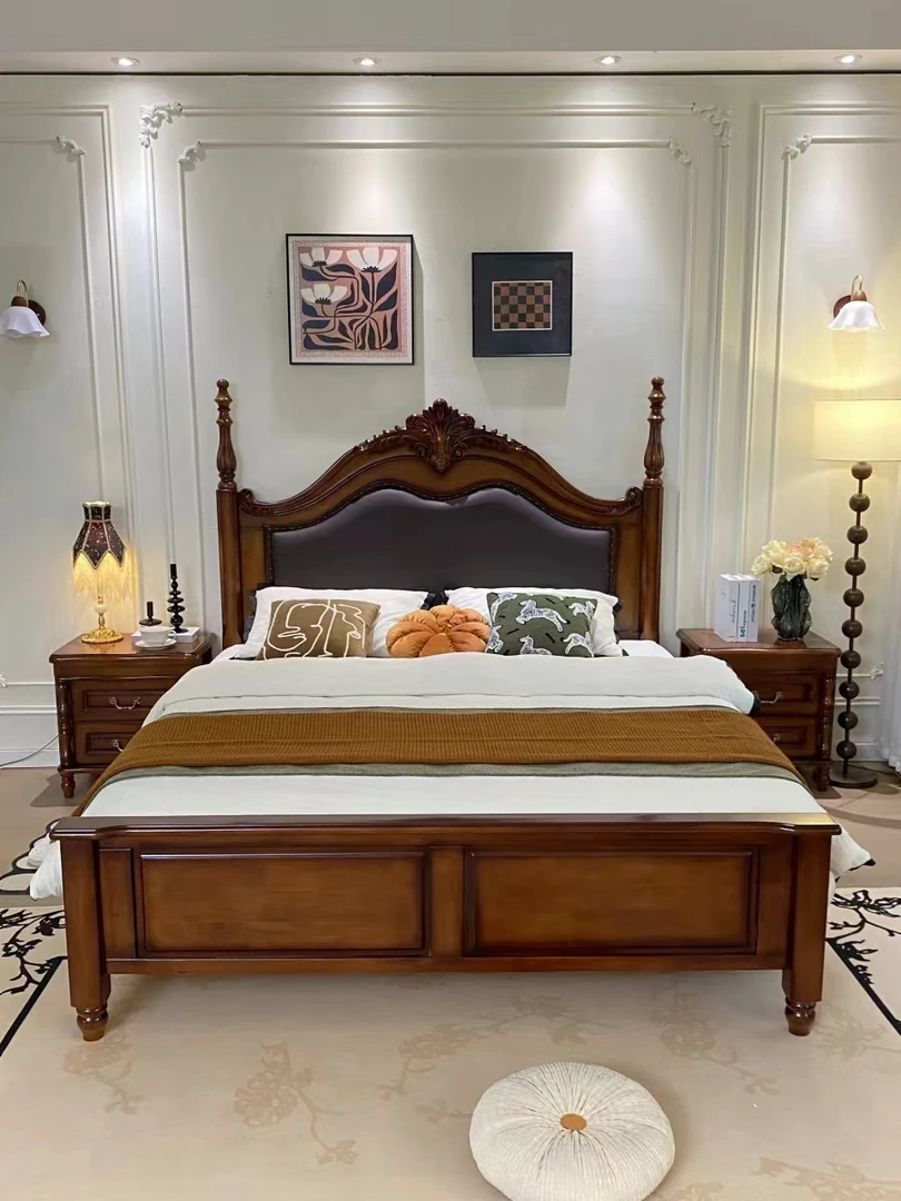 美式豪华简约大床复古次卧雕花实木床成套卧室床欧式软包床主卧室