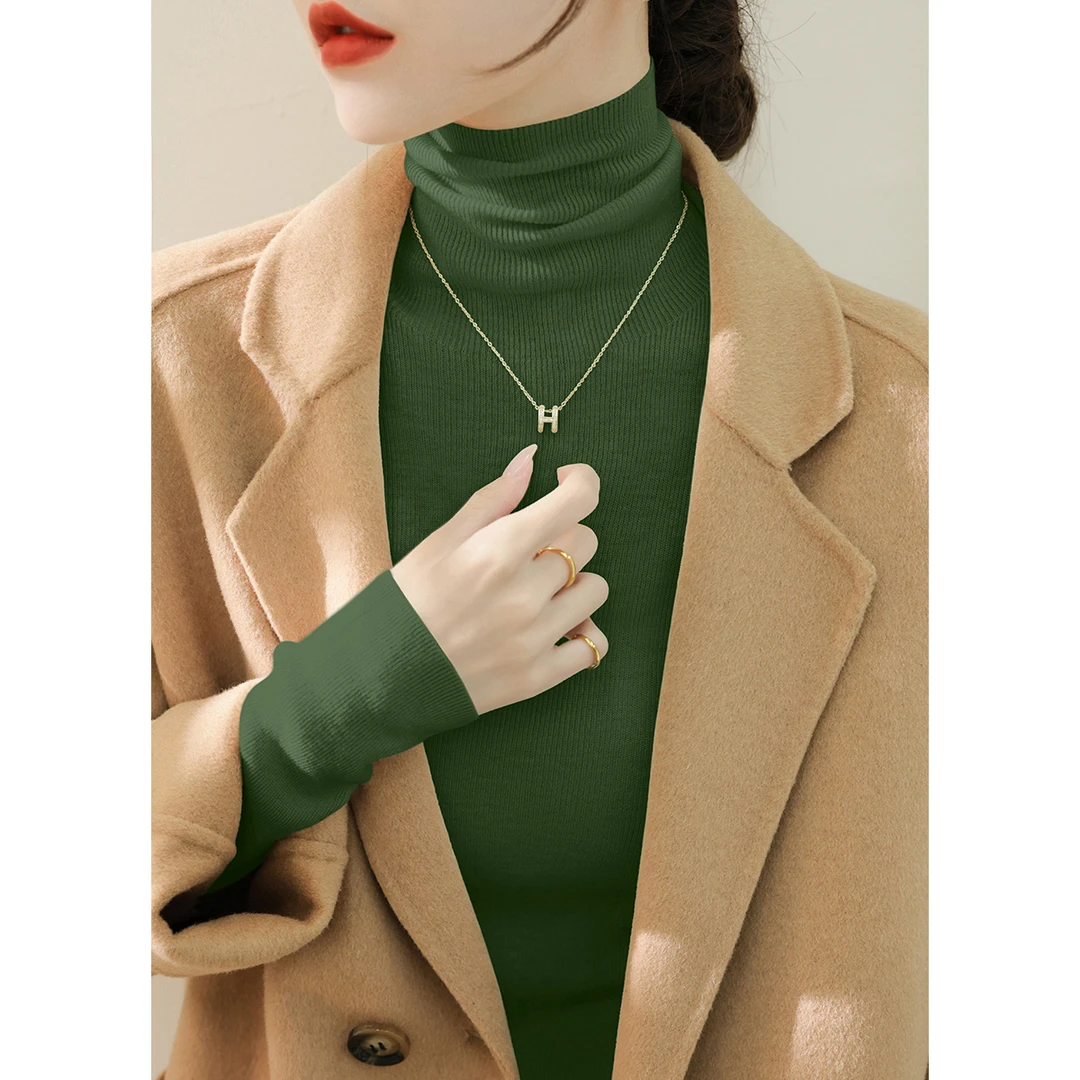 冬季新款豌豆绿长袖针织衫女修身纯色内搭打底上衣羊毛堆堆领毛衣