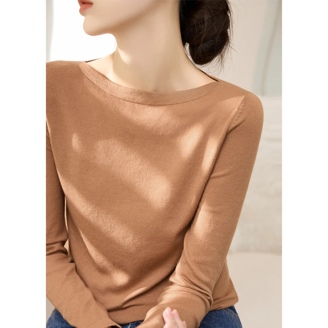 新款一字领简约长袖修身上衣2024年秋季时尚内搭针织打底衫