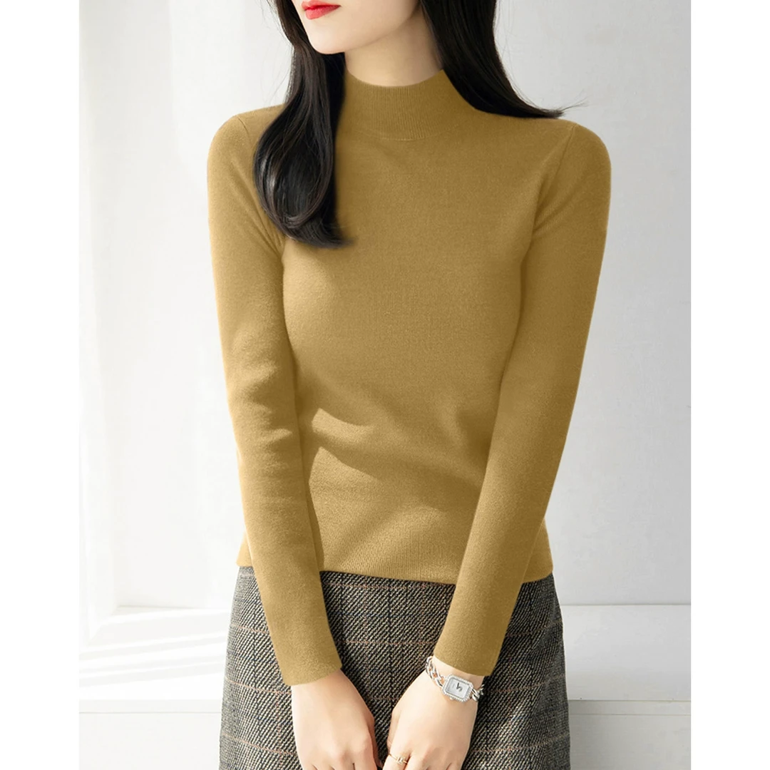 芥黄色长袖针织衫女2025秋季新款半高领毛衣修身显瘦内搭打底上衣