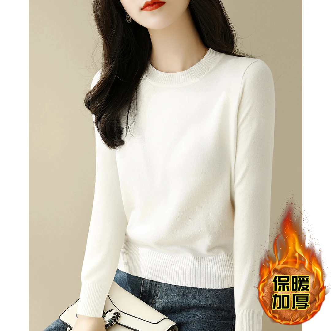 冬季新款深灰色长袖针织衫女宽松显瘦打底上衣纯色加厚款圆领毛衣