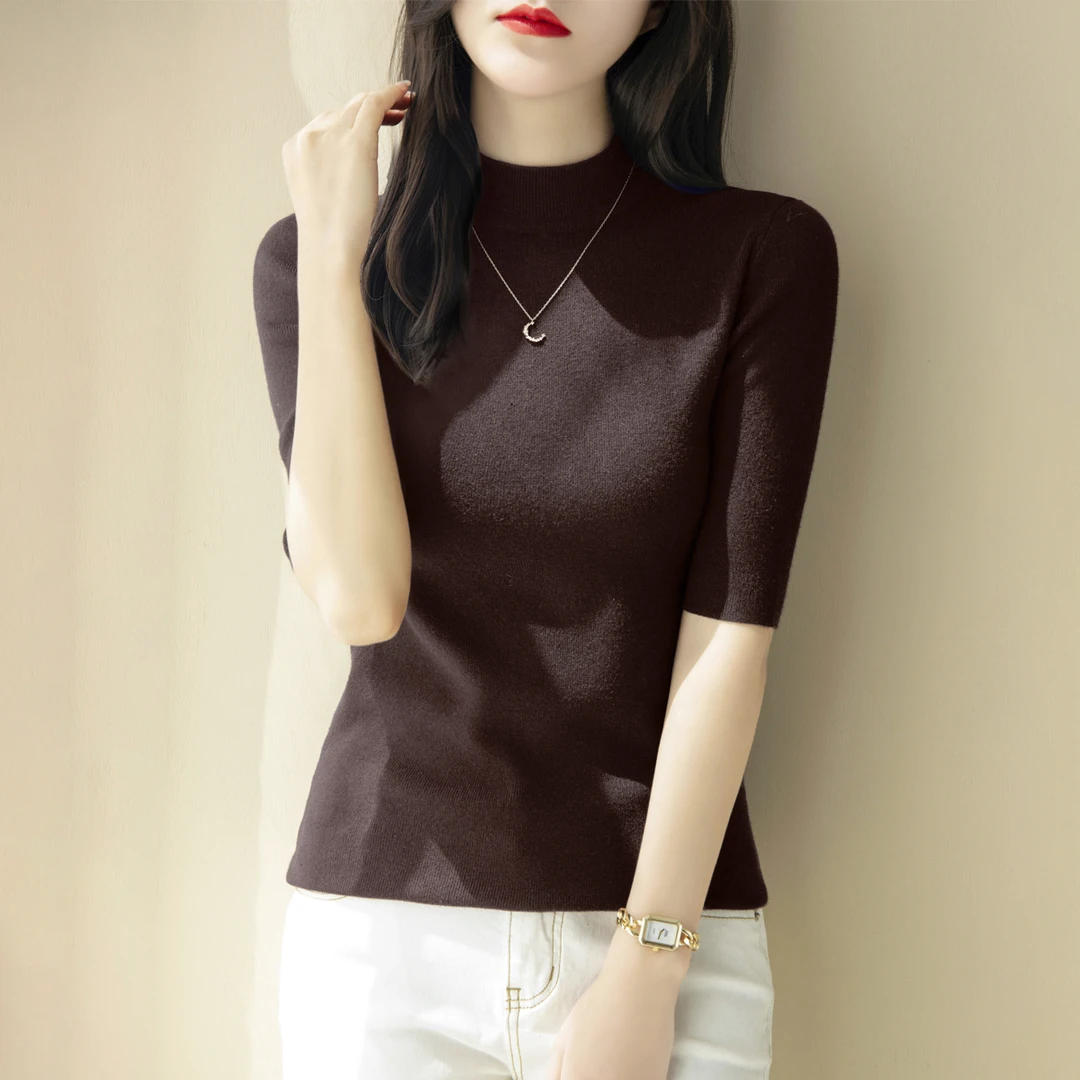 2025早新款半高领中袖修身显瘦内搭针织衫女装气质通勤打底上衣