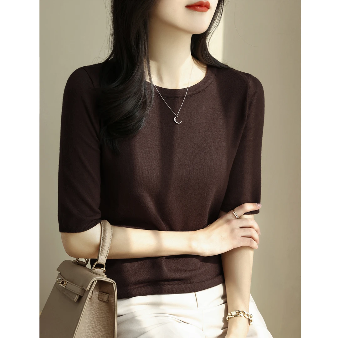 2025年秋季新款圆领五分袖针织衫宽松显瘦显气质时尚简约纯色上衣