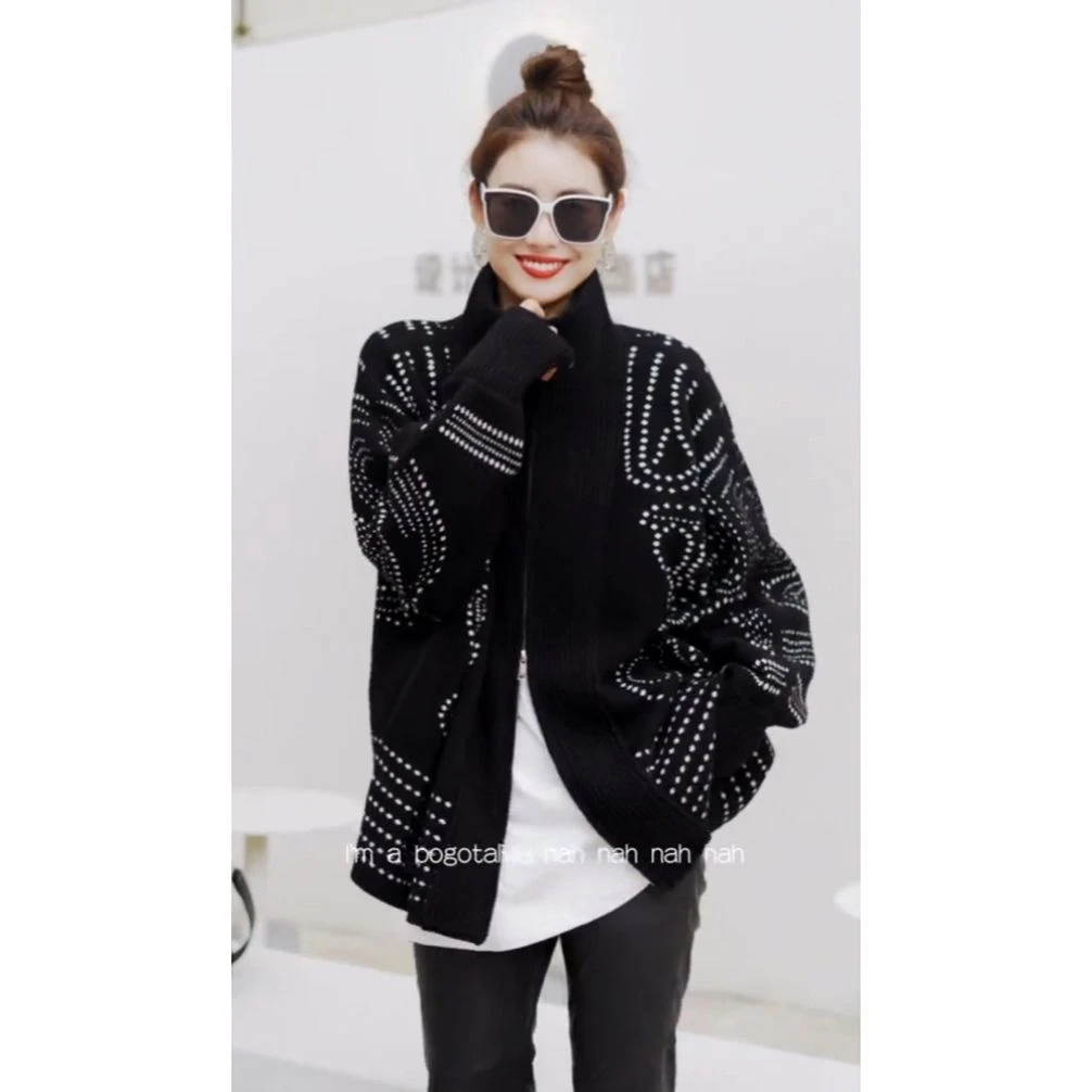 黑色时尚百搭气质慵懒风针织衫女秋季欧货设计感小众法式轻奢外套