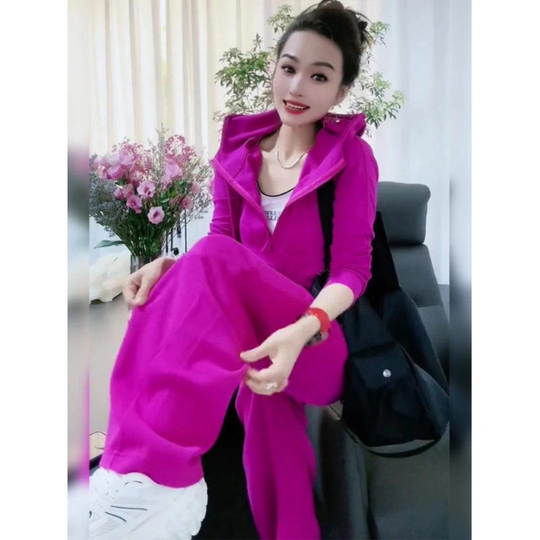 2023春秋新款时尚加厚休闲运动套装女连帽卫衣外套阔腿裤两件套女