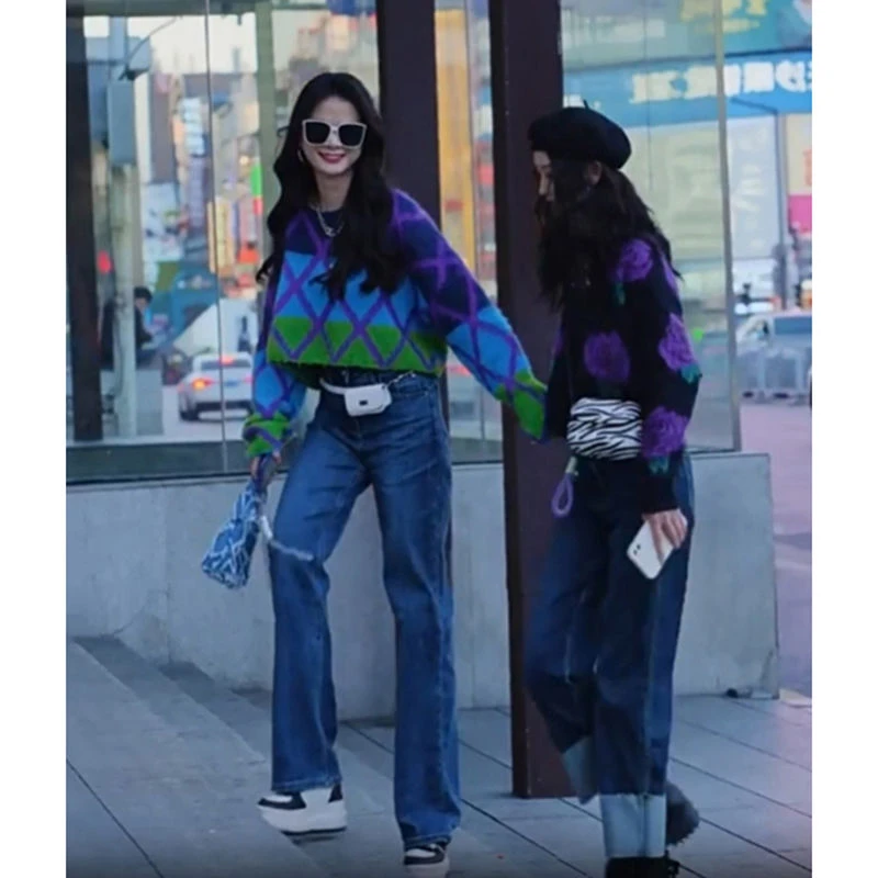 毛衣女秋季2024新款微胖穿搭韩剧女主两件套茶系上衣牛仔裤套装女