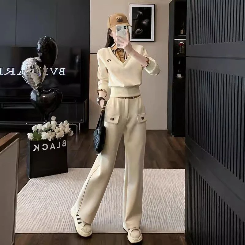 欧货高端休闲运动套装女春秋新款时尚设计感假两件卫衣两件套潮