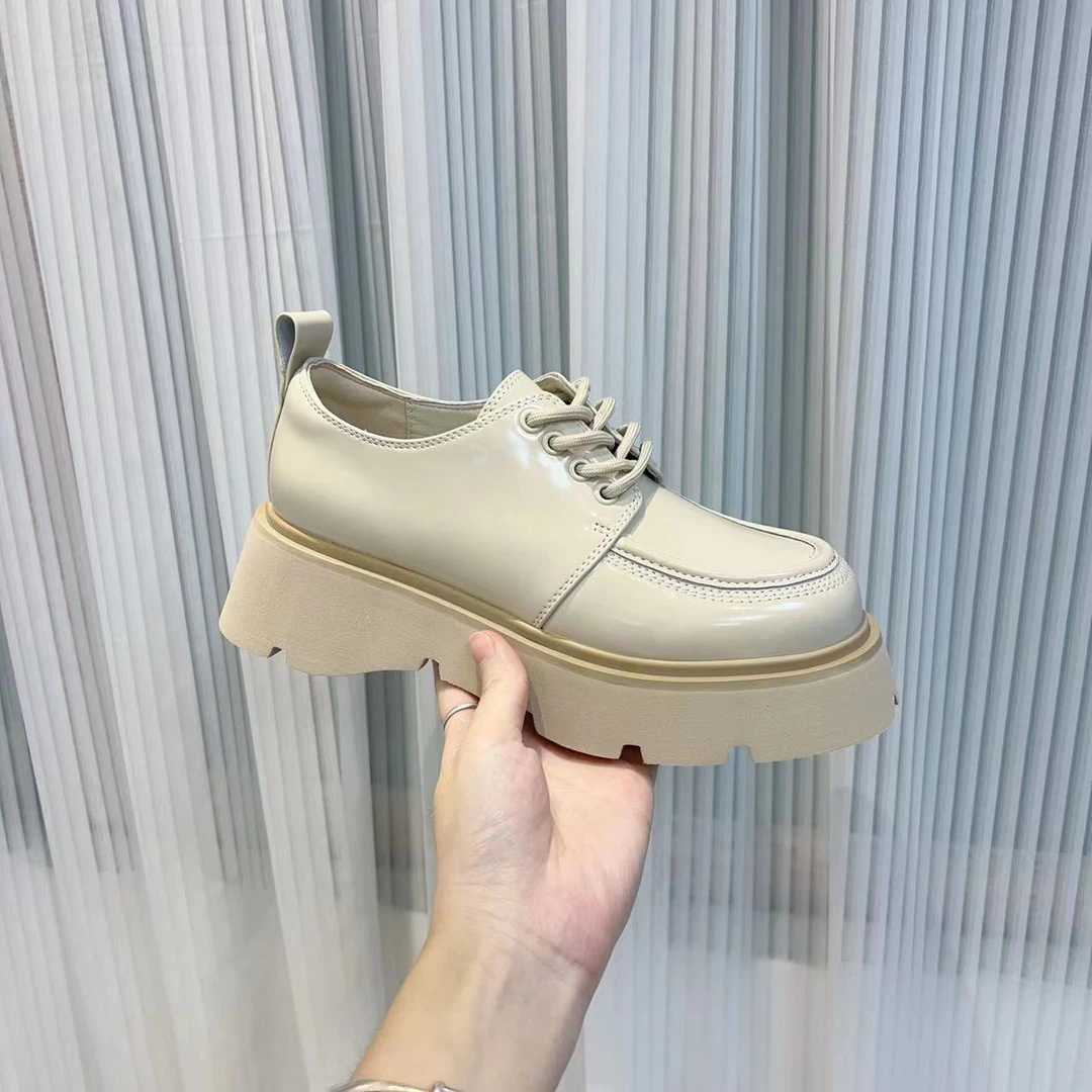 618A-2#百搭厚底深口鞋真皮软牛漆系带乐福鞋