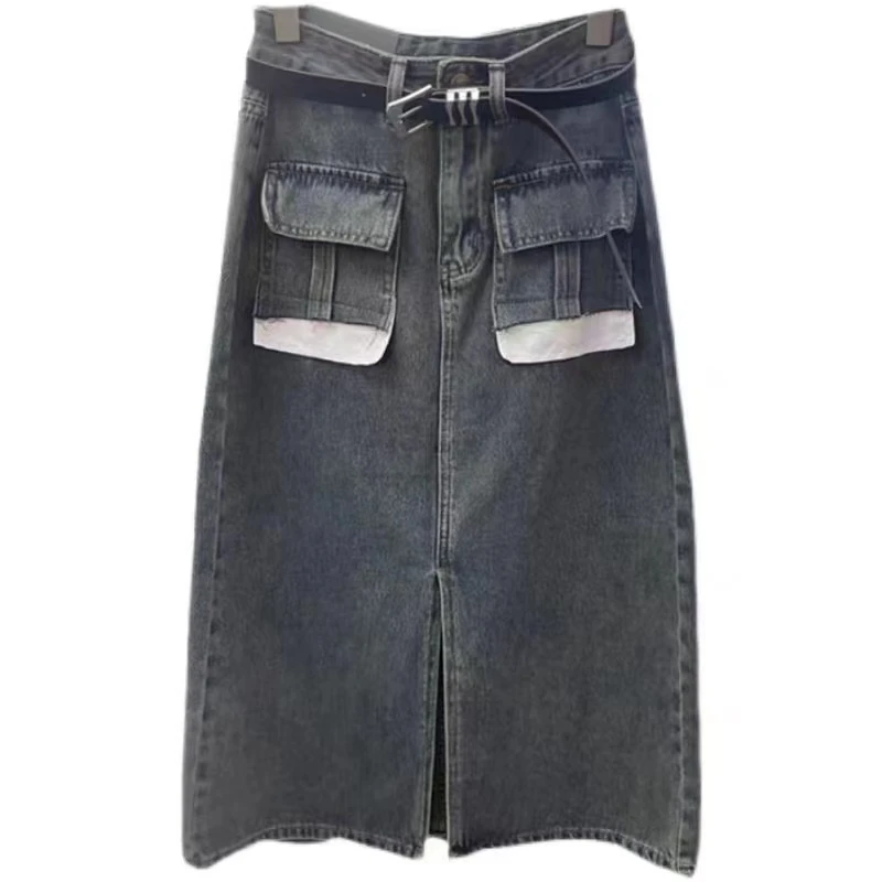 63506#百搭特色口袋开叉牛仔半身裙