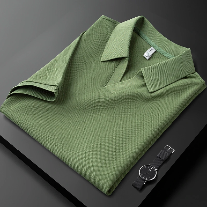 意式绅士 小v领polo衫男短袖修身夏季薄款珠地网眼墨绿色t恤男士