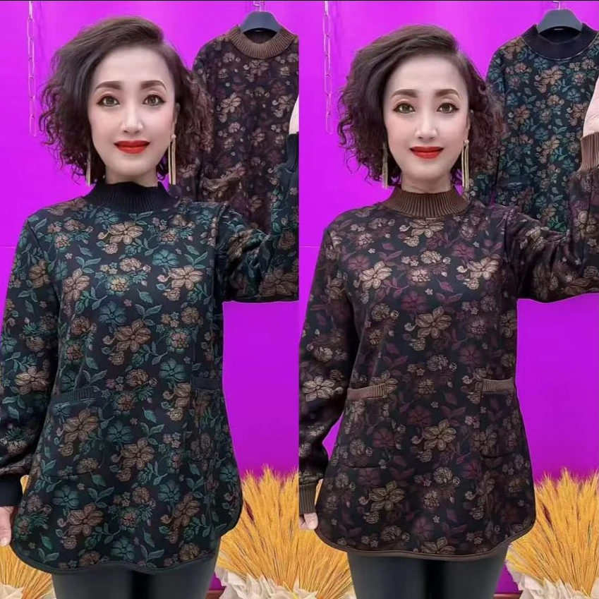 2024秋冬加绒保暖打底衫中长款妈妈装半高领大码上衣宽松遮肚子