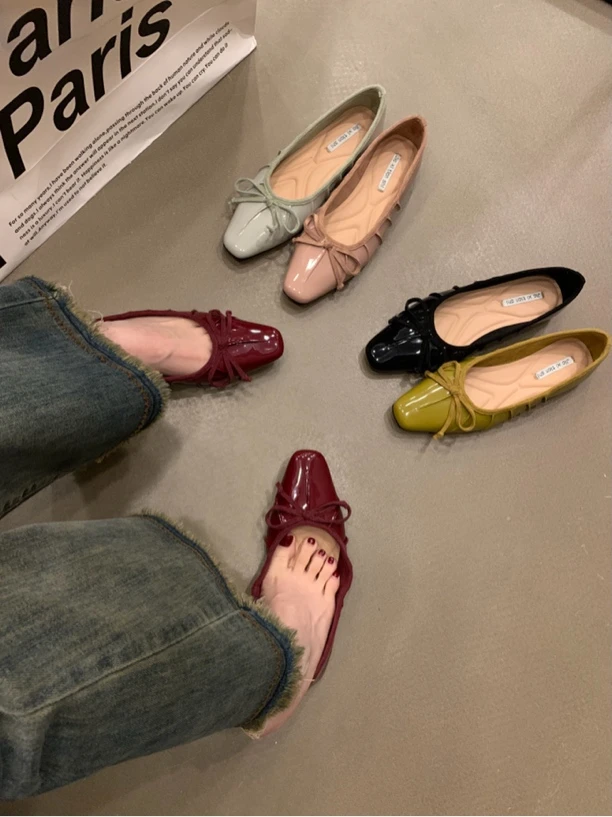 法式蝴蝶结浅口粉色单鞋女春秋款温柔复古晚风气质仙女温柔豆豆鞋