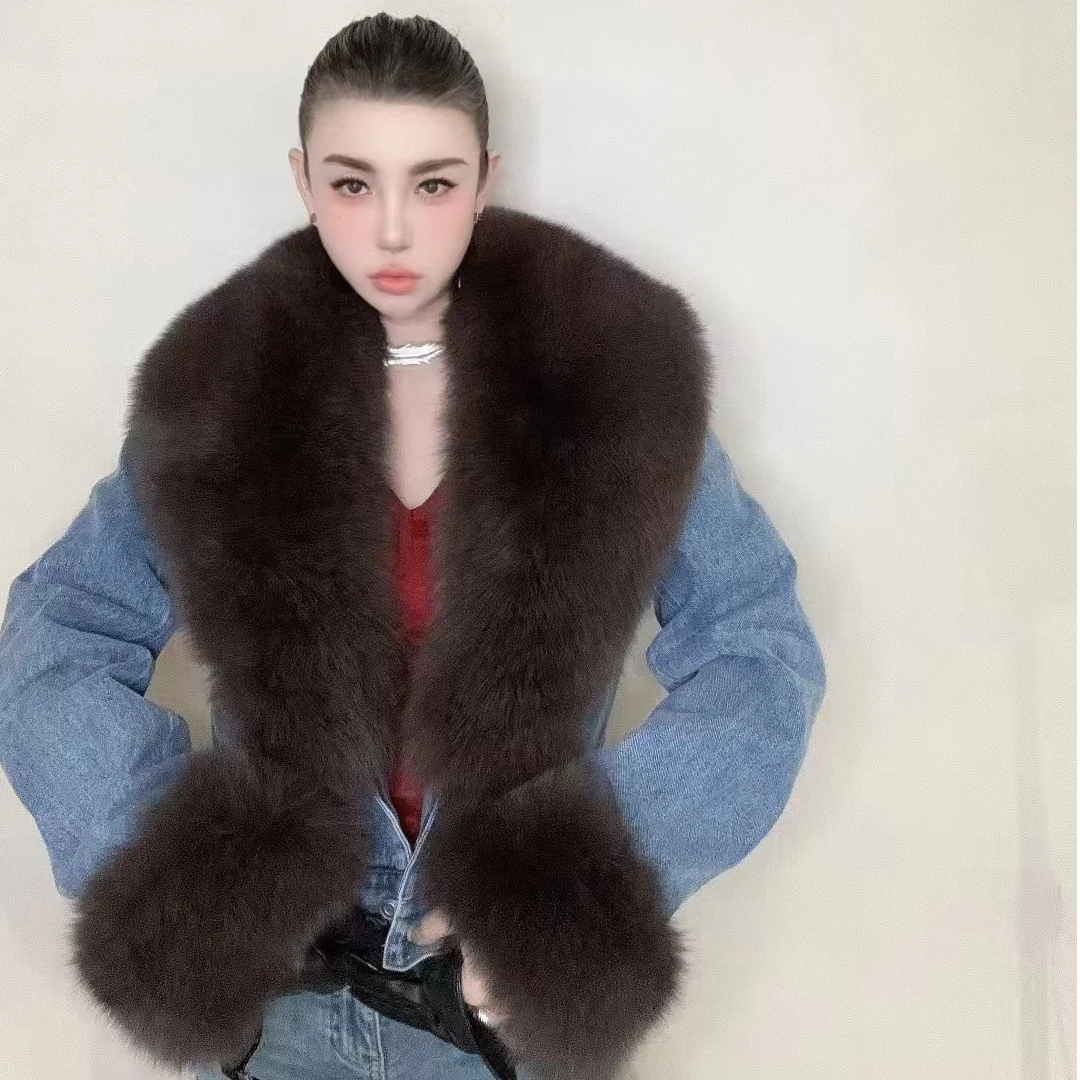 【HAV】新款时髦气质V领狐狸毛拼接长袖牛仔加薄棉外套（毛领可拆卸）
