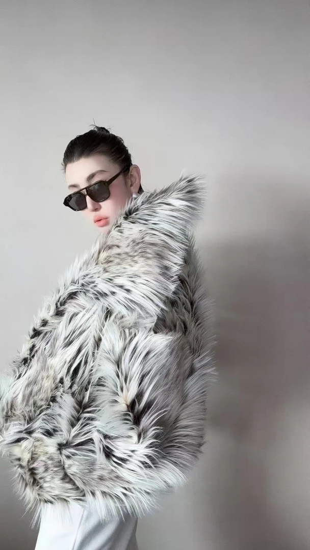 【HAV】  新款时髦大翻领毛茸茸宽松豹纹环保毛长袖保暖外套