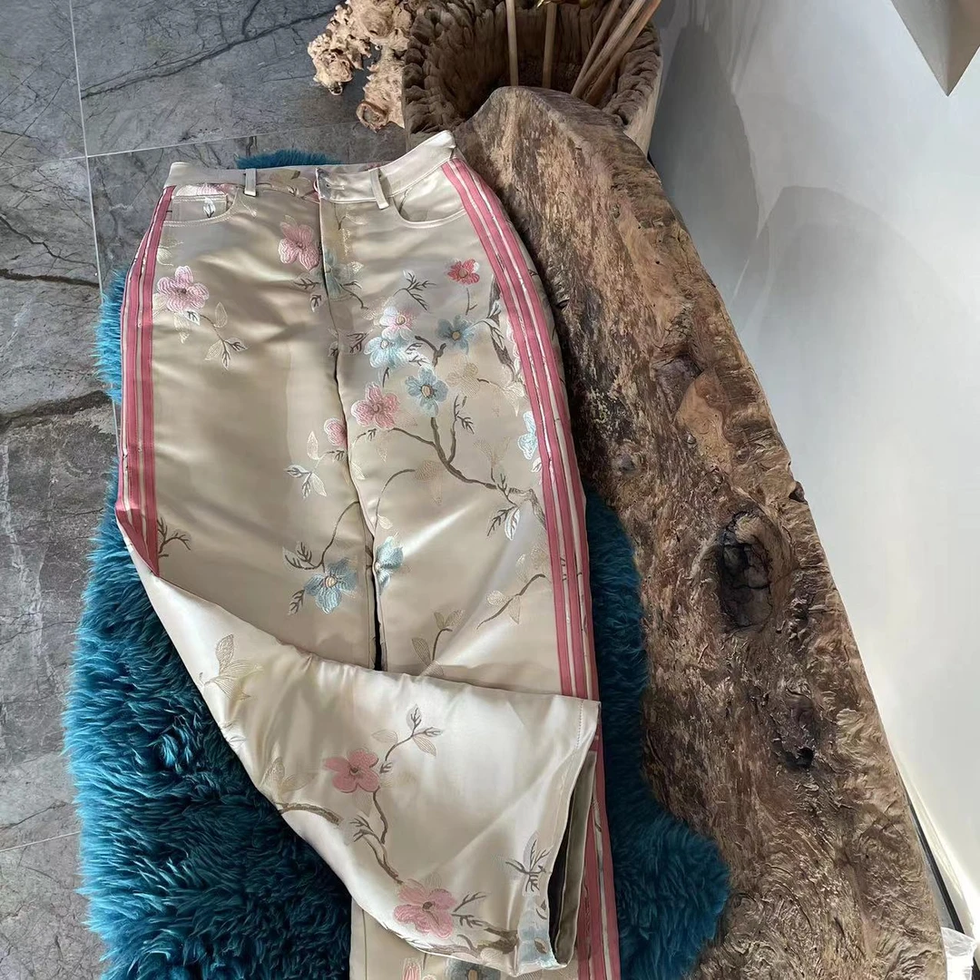 【HAV】  时髦百搭中高腰中国风重工刺绣直筒棉裤