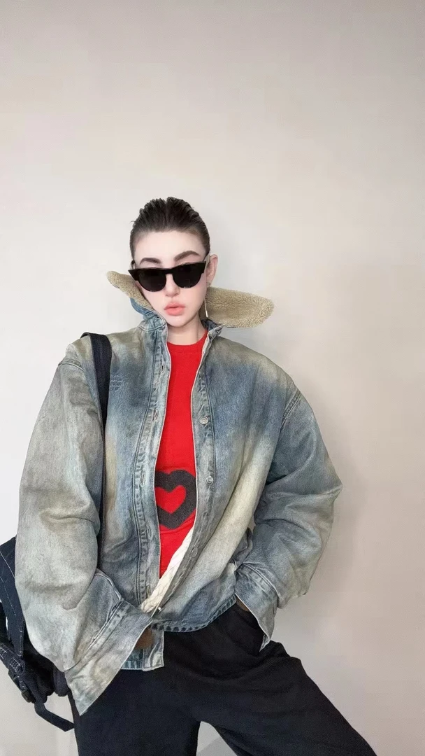 【HAV】新款时髦立领单排扣做旧废土风长袖牛仔夹棉外套男女同款