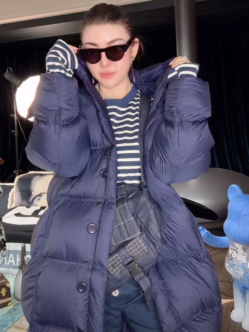 【HAV】  新款时髦百搭连帽拉链设计大翻领中长款保暖长袖羽绒外套